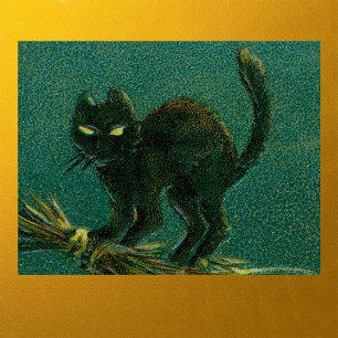 Vintage Black Cat Riding on Broom Halloween Poster