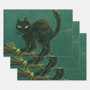 Vintage Black Cat Riding on Broom Halloween Wrapping Paper Sheet