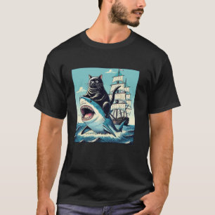 Vintage Black Cat Riding Shark Ocean Adventure Fun T-Shirt