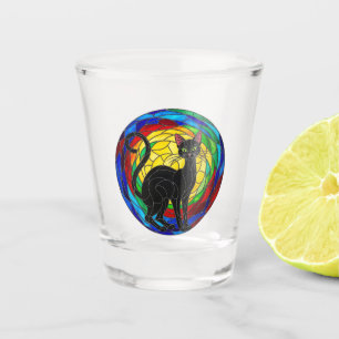 Vintage Black Cat Shot Glass, colourful mosaic Glass
