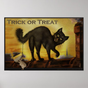 Vintage Black Cat Trick or Treat Humourous Poster