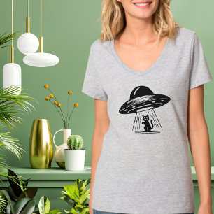 Vintage Black Cat UFO Spaceship Funny T-Shirt