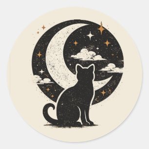 Vintage Black Cat Under Crescent Moon Minimalist Classic Round Sticker