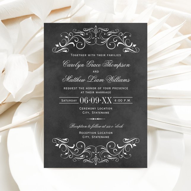 Vintage Black Chalkboard Flourish Wedding Invitation (Creator Uploaded)