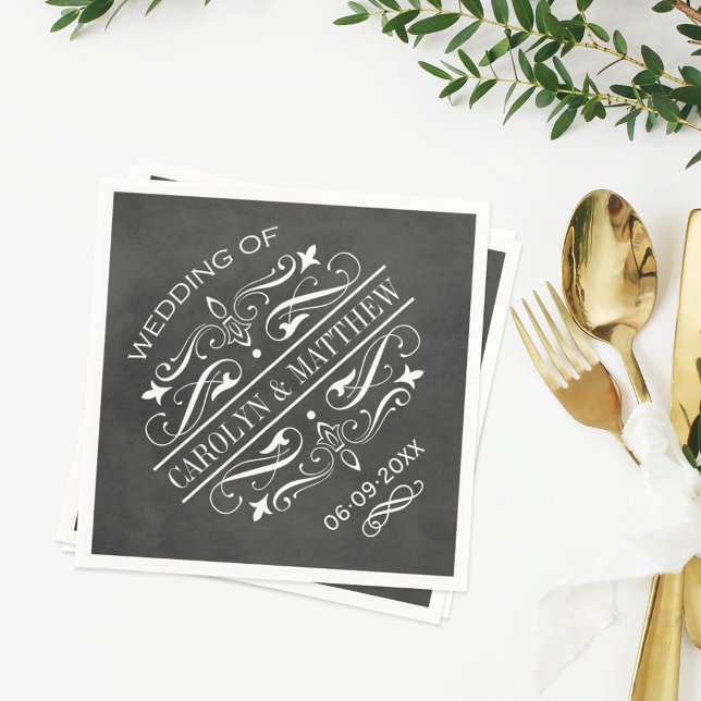 Vintage Black Chalkboard Flourish Wedding Monogram Napkin (Creator Uploaded)