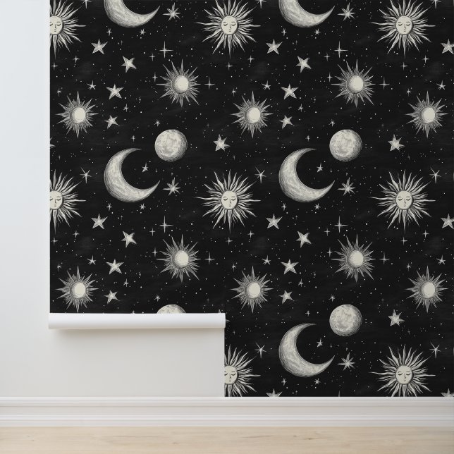 Vintage Black Chalkboard Night Sky Stars & Moons Wallpaper (Application)