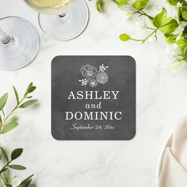 Vintage Black Chalkboard Wedding Monogram Square Paper Coaster (Creator Uploaded)