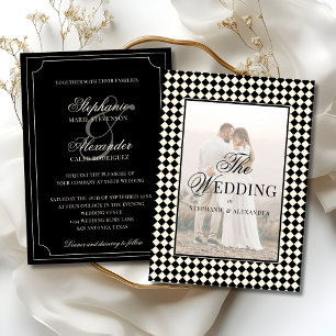 Vintage Black Checkered Old Money Photo Wedding Invitation
