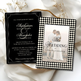 Vintage Black Chequered Old Money Photo Wedding Invitation