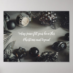 Vintage Black Christmas Ornaments with Ribbon Poster