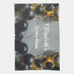 Vintage Black Christmas Ornaments with Ribbon Tea Towel