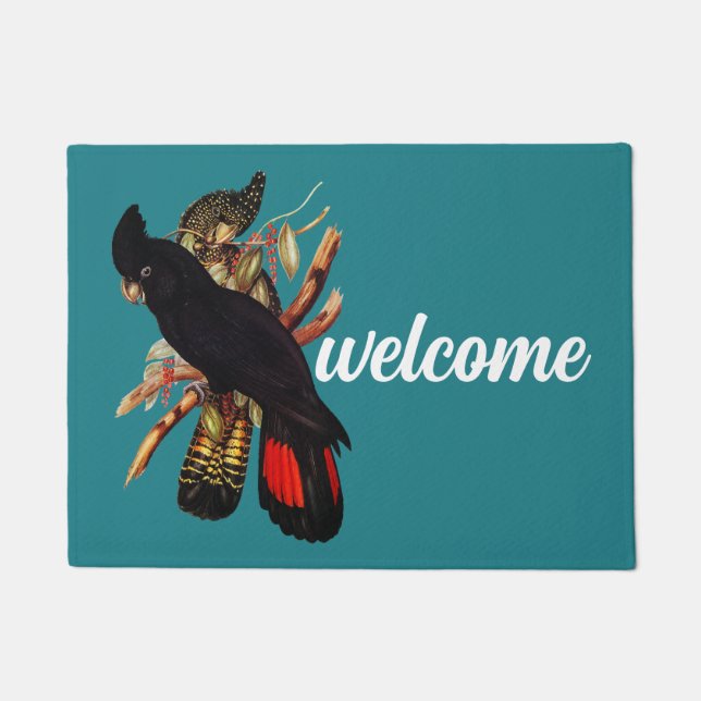 Vintage Black Cockatoo | Elizabeth Gould 1800s Doormat (Front)