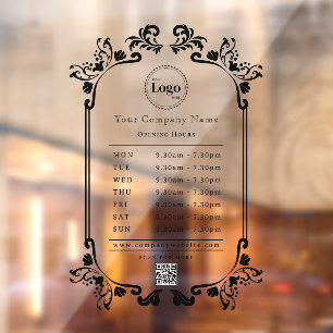 Vintage Black Company Logo QR code Opening Hours Window Cling