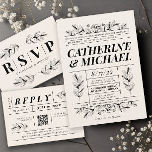 Vintage Black & Cream Botanical Elegant Wedding Invitation