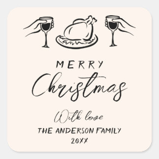 Vintage Black & Cream Hand Drawn Merry Christmas  Square Sticker