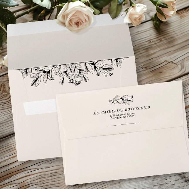 Vintage Black & Cream Retro Wedding Self Addressed Envelope (Vintage black & cream botanical leaf and flowers return self-addressed wedding envelope)