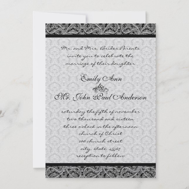 Vintage Black Damask Wedding Invitation (Front)