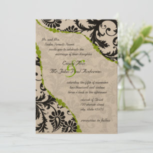 Vintage Black Damask with Apple Green Vines Invitation