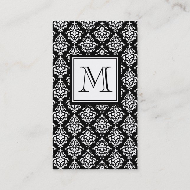 VINTAGE BLACK DAMASK YOUR MONOGRAM BUSINESS CARD (Front)