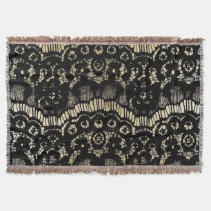 Vintage black elegant french floral lace faux gold throw blanket