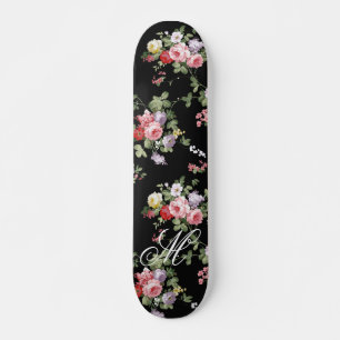 Vintage black elegant pink botanical roses floral skateboard