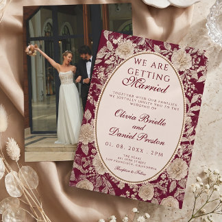 Vintage Black Floral Lace Pearl Photo Wedding Invitation