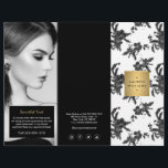 Vintage Black Floral Pattern Tri-Fold Brochure<br><div class="desc">A vintage floral pattern is made modern when combined with a faux metallic gold box containing your name or business name on this elegant beauty-themed tri-fold brochure template. A creative design treatment for beauty salons, nail salons, makeup artists, hair stylists, event planners, skin care products and more. Update the customisable...</div>