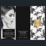 Vintage Black Floral Pattern Tri-Fold Brochure<br><div class="desc">A vintage floral pattern is made modern when combined with a faux metallic gold box containing your name or business name on this elegant beauty-themed tri-fold brochure template. A creative design treatment for beauty salons, nail salons, makeup artists, hair stylists, event planners, skin care products and more. Update the customisable...</div>