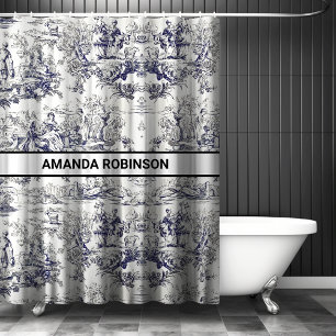 Vintage Black Floral Toile Monogram Shower Curtain