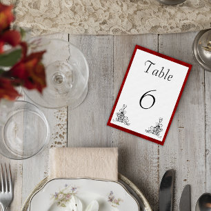 Vintage Black Flourish and Red Velvet Wedding Table Number