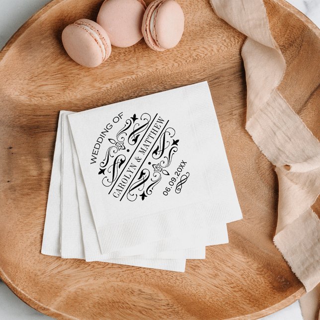 Vintage Black Flourish Wedding Monogram Napkin (Creator Uploaded)