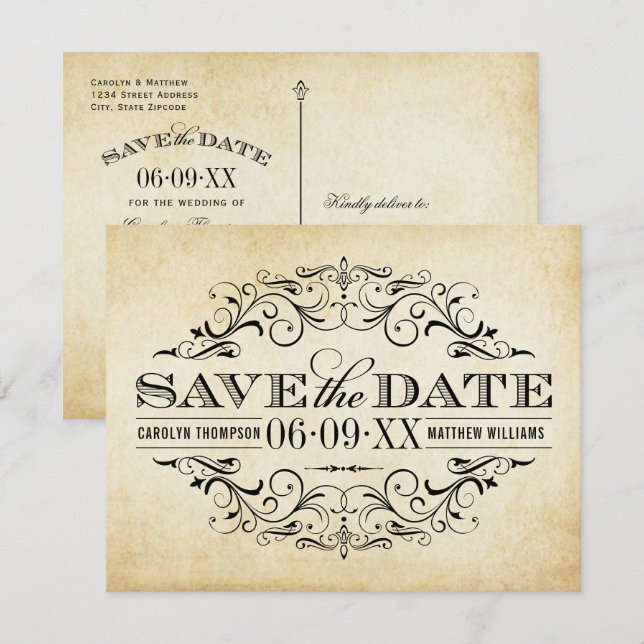 Vintage Black Flourish Wedding Save The Date (Front/Back)