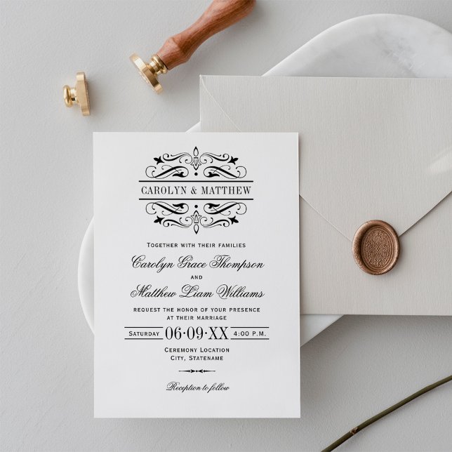 Vintage Black Flourish White Wedding Invitation (Creator Uploaded)