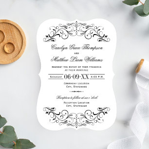 Vintage Black Flourish White Wedding Invitation