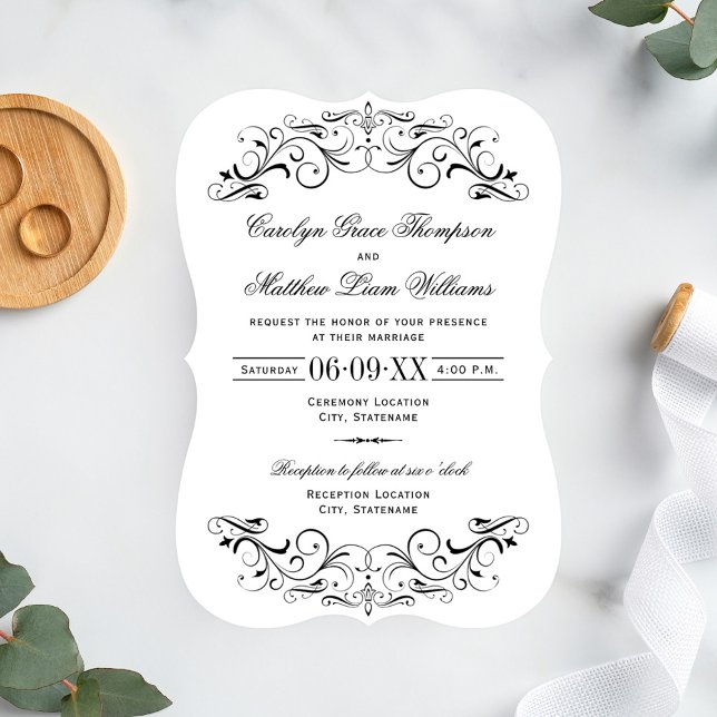 Vintage Black Flourish White Wedding Invitation (Creator Uploaded)