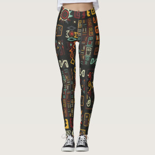 Vintage Black Geometric African Doodle  Leggings
