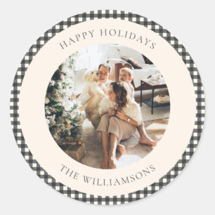 Vintage Black Gingham Plaid Custom Photo Christmas Classic Round Sticker