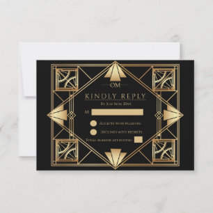 Vintage Black & Gold Art Deco Geometric Wedding RSVP Card