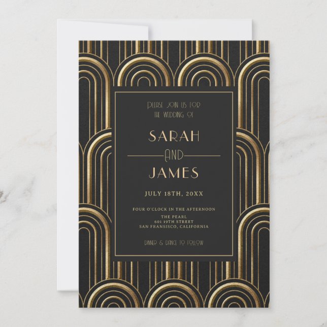 Vintage Black & Gold Art Deco Pattern Wedding  Invitation (Front)