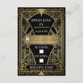 Vintage Black & Gold Art Deco Wedding RSVP Cards