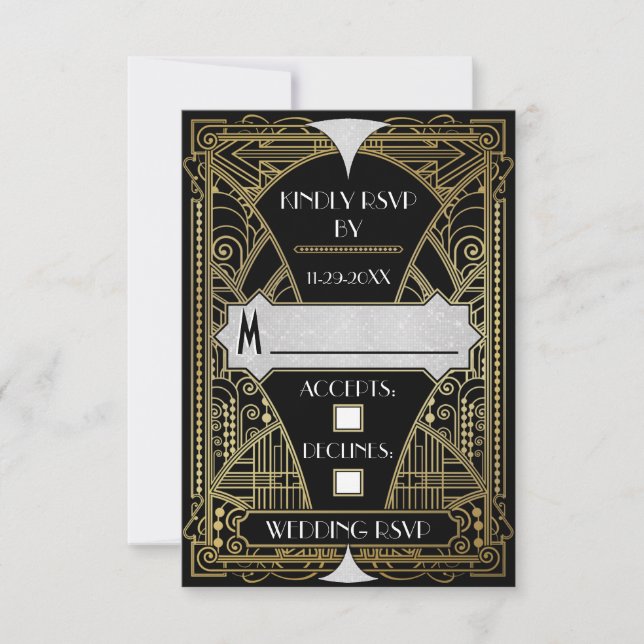 Vintage Black & Gold Art Deco Wedding RSVP Cards (Front)