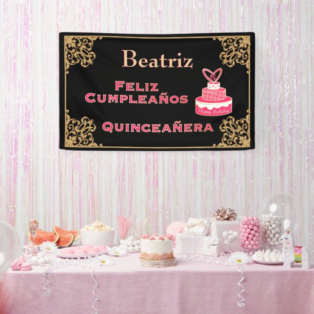 Vintage Black Gold Baroque Pink Cake Quinceañera Banner (Party)