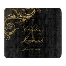 Vintage Black Gold Floral Damask Script Wedding