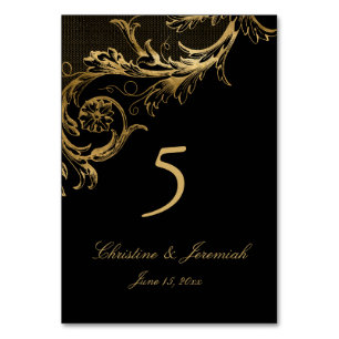 Vintage Black Gold Floral Damask Script Wedding Table Number
