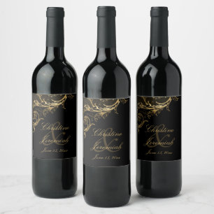 Vintage Black Gold Floral Damask Script Wedding Wine Label