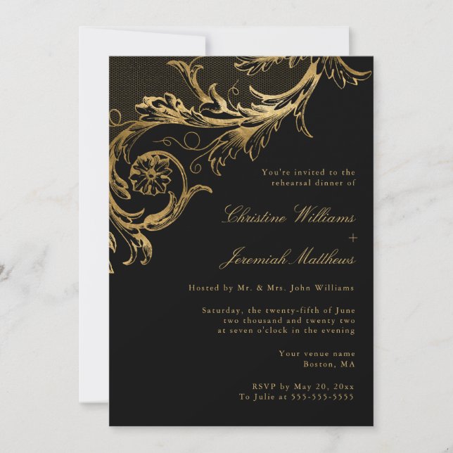 Vintage Black Gold Floral Rehearsal Dinner Invitation (Front)