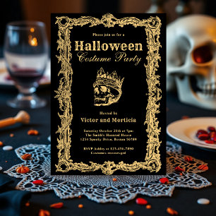 Vintage Black Gold Gothic Skull Halloween Party Invitation