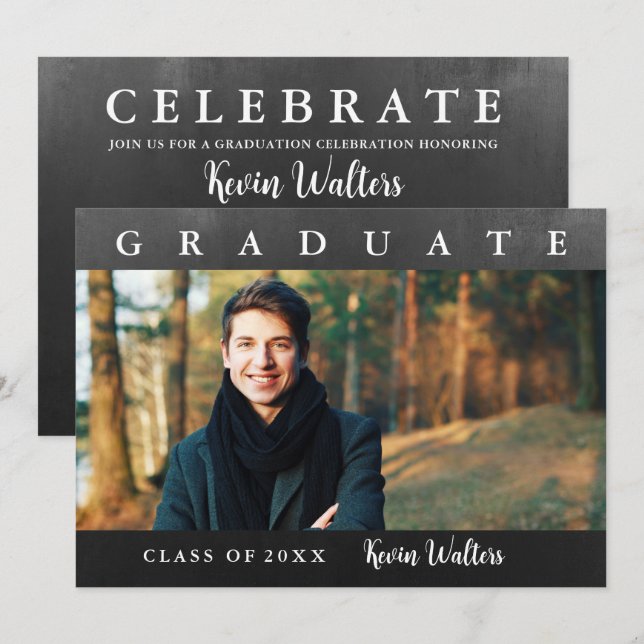 Vintage Black Gold Handwriting Photo Grad  Party Invitation (Front/Back)