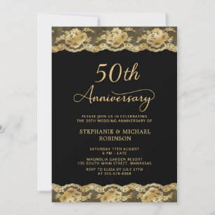 Vintage Black Gold Lace 50th Wedding Anniversary Invitation