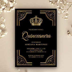 Vintage Black Gold Ornate Crown Quinceanera Invitation